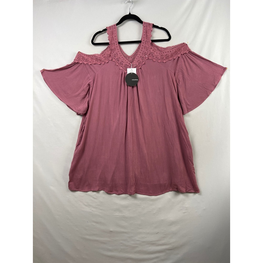 Mittoshop Cold Shoulder Tunic Women Large Pink Crochet Lace V-Neck Boho Top